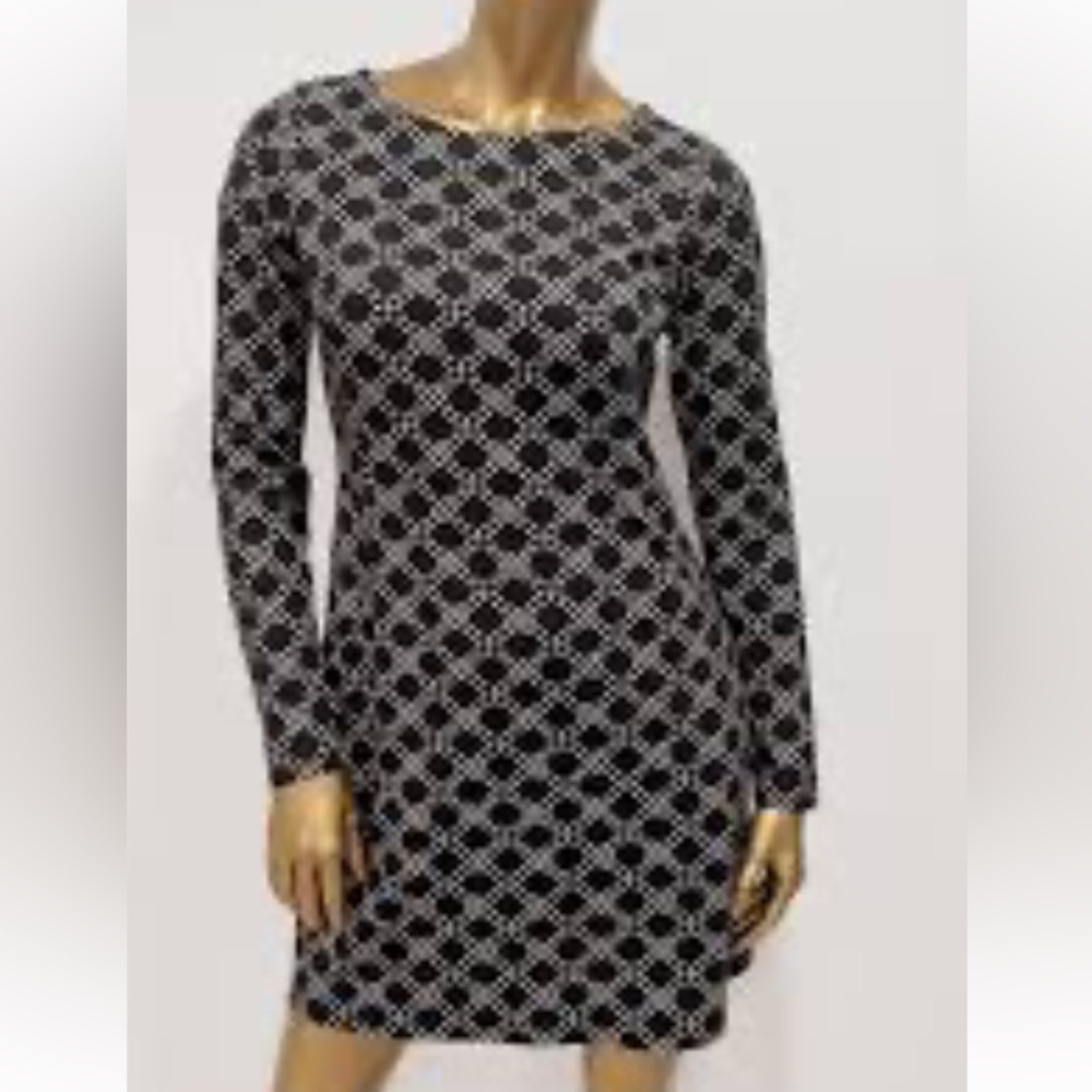 Boden Black Dress with Cream Dot Lattice Print, Long Sleeve SIZE 14L NWOT